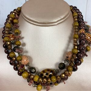 Premier Designs Necklace Layered 4 Strand Brown Green Wooden Beads Boho